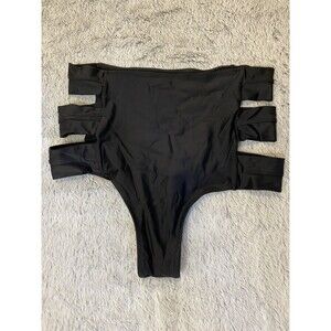 COCOSHIP Bikini Bottom Women Size Large Black High Waist Side Straps ScrunchButt